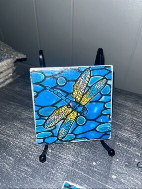 Blue Dragonfly Ceramic Coaster with Yellow Accent - Unbranded